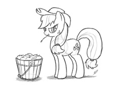 Size: 1024x686 | Tagged: safe, artist:dyani-yahto, applejack, g4, apple, bucket, monochrome, sketch, straw