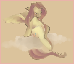 Size: 658x569 | Tagged: safe, artist:busoni, fluttershy, pony, g4, blushing, cloud, cute, eyes closed, female, pregnant, sitting, smiling, solo, spread wings