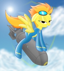 Size: 1417x1587 | Tagged: safe, artist:spitshy, spitfire, pegasus, pony, g4, atomic bomb, beach ball, bedroom eyes, bomb, dr. strangelove, goggles, latex, latex suit, looking at you, riding, riding a bomb, stupid sexy spitfire, wonderbolts uniform