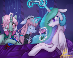 Size: 1088x870 | Tagged: safe, artist:eternityeclipse, fizzy, princess celestia, oc, pony, twinkle eyed pony, unicorn, g1, g4, bandage, bed, clothes, flower, g1 to g4, generation leap, injured, maid