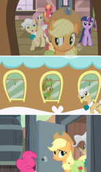 Size: 640x1083 | Tagged: safe, artist:capnpea, edit, apple bloom, applejack, big macintosh, fluttershy, mayor mare, rarity, twilight sparkle, g4, bathroom, comic, female, lesbian, male, outhouse, ship:mayorjack, shipping, stalking