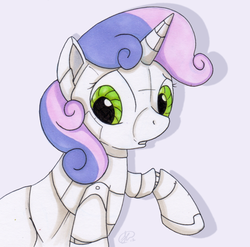 Size: 900x888 | Tagged: safe, artist:scarabdynasty1, sweetie belle, pony, robot, robot pony, unicorn, g4, female, filly, foal, gray background, hooves, horn, open mouth, simple background, solo, sweetie bot