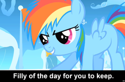 Size: 1024x672 | Tagged: safe, rainbow dash, pegasus, pony, g4, caption, cloudsdale, cs captions, female, filly, filly rainbow dash, flag, foal, solo