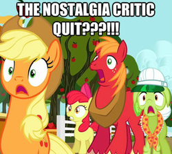 Size: 310x276 | Tagged: safe, apple bloom, applejack, big macintosh, granny smith, earth pony, pony, g4, caption, image macro, male, meta, nostalgia critic, stallion