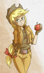 Size: 607x1000 | Tagged: safe, artist:countaile, applejack, human, g4, bandaid, bandaid on nose, humanized