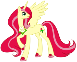 Size: 4305x3505 | Tagged: safe, artist:sakuyamon, roseluck, alicorn, pony, g4, alicornified, background pony, female, hilarious in hindsight, mare, princess, race swap, raised hoof, rose, rosecorn, simple background, solo, transparent background