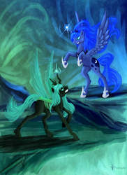 Size: 1275x1755 | Tagged: safe, artist:dalagar, princess luna, queen chrysalis, alicorn, changeling, changeling queen, pony, g4, crown, female, glowing, glowing horn, horn, jewelry, regalia, transparent wings, wings