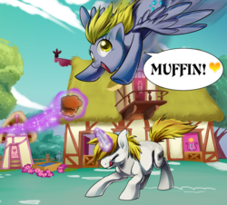 Size: 2537x2291 | Tagged: safe, artist:sakuyamon, derpy hooves, oc, pegasus, pony, g4, female, heart, high res, mare, muffin, that pony sure does love muffins