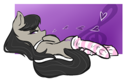 Size: 987x621 | Tagged: dead source, safe, artist:chocolath, octavia melody, earth pony, pony, g4, bedroom eyes, clothes, female, heart, mare, socks, socktavia, solo, striped socks, sultry pose