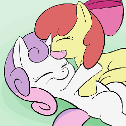 Size: 600x600 | Tagged: safe, artist:lamia, apple bloom, sweetie belle, earth pony, pony, unicorn, g4, animated, bow, chewing, cotton candy, cute, eyes closed, female, filly, food, gif, hair bow, hug, lesbian, nom, on back, prone, ship:sweetiebloom, shipping, smiling, sweetie belle is a marshmallow too, underhoof