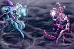 Size: 1500x1000 | Tagged: safe, artist:laweegie, trixie, twilight sparkle, g4, duel, duo, fight, glowing eyes, magic, runes