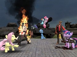 Size: 800x600 | Tagged: safe, applejack, fluttershy, pinkie pie, rainbow dash, rarity, spike, trixie, twilight sparkle, g4, gmod, medic, medic (tf2), sniper, sniper (tf2), spy, spy (tf2), tank (vehicle), team fortress 2