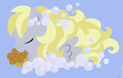 Size: 1500x950 | Tagged: safe, artist:raygirl, part of a set, derpy hooves, pegasus, pony, g4, blue eyes, epic derpy, eyes closed, female, lineless, mare, mouth hold, muffin, simple background, solo, spread wings, wings