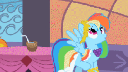 Size: 325x183 | Tagged: safe, screencap, rainbow dash, pony, g4, the best night ever, animated, catching, clothes, dress, drink, drinking straw, female, gala dress, kicking, solo