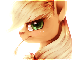 Size: 1476x1200 | Tagged: safe, artist:imalou, applejack, earth pony, pony, g4, bust, female, glare, hay stalk, looking at you, portrait, profile, solo