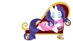 Size: 1920x1080 | Tagged: safe, artist:raygirl, rarity, pony, unicorn, g4, bathrobe, clothes, couch, eyes closed, fainting couch, female, hooves, horn, lineless, lounging, lying down, mare, robe, simple background, solo, wallpaper, white background