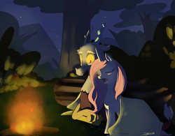 Size: 1024x800 | Tagged: safe, artist:swomswom, discord, princess celestia, g4, campfire, female, male, night, pink-mane celestia, ship:dislestia, shipping, sleeping, straight, young, younger