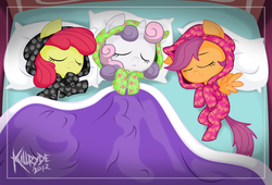 Size: 2500x1700 | Tagged: safe, artist:killryde, apple bloom, scootaloo, sweetie belle, g4, bed, blanket, clothes, cute, cutie mark crusaders, eyes closed, footed sleeper, on back, on side, pajamas, sleeping, smiling, spread wings, wingboner