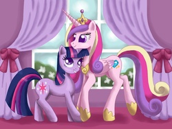 Size: 1100x826 | Tagged: safe, artist:mel-rosey, princess cadance, twilight sparkle, alicorn, pony, unicorn, g4, duo, duo female, female, mare, sisters-in-law, unicorn twilight