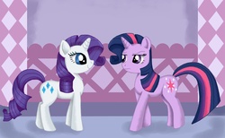 Size: 1146x707 | Tagged: safe, artist:mel-rosey, rarity, twilight sparkle, g4, alternate hairstyle, rarity hair