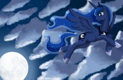 Size: 1330x861 | Tagged: safe, artist:mel-rosey, princess luna, pony, g4, cloud, cloudy, female, flying, looking back, moon, night, solo