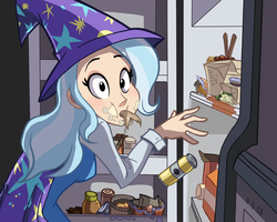 Size: 1500x1200 | Tagged: safe, artist:ric-m, trixie, human, g4, cape, caught, clothes, cute, diatrixes, female, food, funny, hat, humanized, i emptied your fridge, looking at you, refrigerator, trixie's cape, trixie's hat
