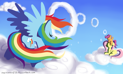 Size: 1650x990 | Tagged: safe, artist:equinox23, fluttershy, rainbow dash, scootaloo, g4