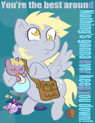 Size: 400x518 | Tagged: safe, artist:kevinbolk, derpy hooves, dinky hooves, twilight sparkle, pegasus, pony, unicorn, g4, baby, baby dinky hooves, baby pony, colored pupils, equestria's best mother, female, food, joe esposito, mailbag, mare, muffin, song reference, the best around