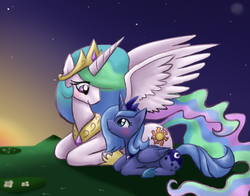 Size: 600x470 | Tagged: safe, artist:mahoxyshoujo, princess celestia, princess luna, alicorn, pony, g4, duo, duo female, female, prone, royal sisters, s1 luna, siblings, sisters