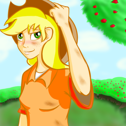 Size: 600x600 | Tagged: safe, artist:heartstrunghooves, applejack, human, g4, duo, humanized