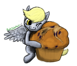 Size: 654x559 | Tagged: safe, artist:ratchieftain, derpy hooves, pegasus, pony, g4, female, food, giant muffin, impossibly large muffin, mare, muffin, simple background, smiling, solo, that pony sure does love muffins, white background