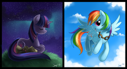 Size: 1000x542 | Tagged: safe, artist:jiayi, rainbow dash, twilight sparkle, g4