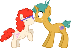 Size: 1082x738 | Tagged: safe, artist:ludiculouspegasus, snails, twist, earth pony, pony, unicorn, g4, colt, duo, eyes closed, female, filly, foal, glasses, kiss on the lips, kissing, male, ship:snailstwist, shipping, simple background, straight, surprise kiss, surprised, transparent background