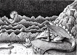 Size: 4884x3514 | Tagged: safe, artist:smellslikebeer, spike, g4, black and white, crosshatch, grayscale, ink, looking at something, looking away, monochrome, moon, night, older, older spike, traditional art