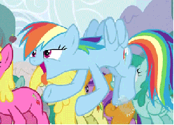 Size: 350x252 | Tagged: safe, screencap, amethyst star, carrot top, cherry berry, golden harvest, rainbow dash, sparkler, spring melody, sprinkle medley, earth pony, pegasus, pony, unicorn, g4, the super speedy cider squeezy 6000, animated, cider, cider dash, female, loop, mare, that pony sure does love cider, tongue out