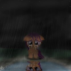 Size: 894x894 | Tagged: artist needed, dead source, source needed, safe, scootaloo, g4, abandoned, crying, rain, sad, scootabuse, scootalone