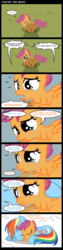 Size: 500x2000 | Tagged: safe, artist:mixermike622, rainbow dash, scootaloo, g4, abandoned, blood, comic, crying, hug, prone, sad, scootabuse, scootalone, scootalove