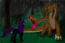 Size: 1024x683 | Tagged: safe, artist:akaelus, oc, oc only, oc:nyx, alicorn, hydra, pony, fanfic:past sins, alicorn oc, confrontation, forest, glowing eyes, horn, multiple heads, older nyx, rain, wings