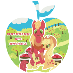 Size: 800x800 | Tagged: dead source, safe, artist:yousukou, apple bloom, applejack, big macintosh, earth pony, pony, g4, apple, apple barrel, apple orchard, apple tree, food, male, orchard, pixiv, stallion, tree, trio