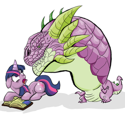 Size: 976x894 | Tagged: safe, artist:garchompdra, spike, twilight sparkle, kaiju, g4, book, d:, floppy ears, godzilla (series), open mouth, realistic, simple background, spell gone wrong, spellbook, transformation, white background