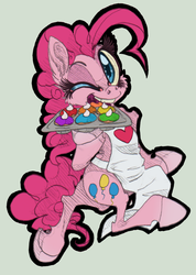 Size: 600x844 | Tagged: safe, artist:xenon, pinkie pie, earth pony, pony, g4, apron, bipedal, clothes, cupcake, digitally colored, female, looking at you, mare, solo, traditional art, wink