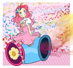 Size: 652x608 | Tagged: safe, artist:zoe-productions, pinkie pie, human, g4, female, grin, humanized, party cannon, solo