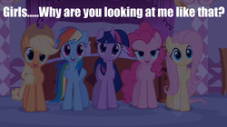 Size: 1280x718 | Tagged: safe, applejack, fluttershy, pinkie pie, rainbow dash, twilight sparkle, g4, bedroom eyes, bronybait, fourth wall