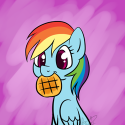 Size: 500x500 | Tagged: dead source, safe, artist:maplesunrise, rainbow dash, pony, g4, female, food, mouth hold, solo, waffle