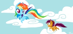 Size: 1386x658 | Tagged: safe, artist:cobracookies, rainbow dash, scootaloo, pegasus, pony, g4, cloud, female, flying, mare, scootaloo can fly, sky, smiling