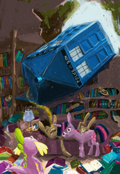 Size: 1280x1847 | Tagged: safe, artist:cutebrows, doctor whooves, spike, time turner, twilight sparkle, dragon, earth pony, pony, unicorn, g4, crossover, doctor who, doctor whooves adventures, female, male, mare, stallion, tardis, the doctor