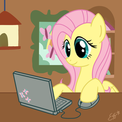 Size: 1800x1800 | Tagged: safe, artist:oomles, fluttershy, pegasus, pony, g4, computer, female, mare, solo