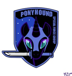 Size: 900x949 | Tagged: safe, artist:omegaphoenix128, nightmare moon, g4, foxhound, knife, konami, logo, metal gear, mouth hold, parody, simple background, weapon, white background