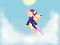 Size: 1024x768 | Tagged: safe, artist:ydenne, fluttershy, g4, bandage, clothes, cloud, cloudy, eyes closed, flying, god tier, god tiers, hat, hero of rage, homestuck, maid of rage, smiling, spread wings