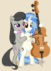 Size: 831x1143 | Tagged: dead source, safe, artist:elenaboosy, dj pon-3, octavia melody, vinyl scratch, earth pony, pony, unicorn, g4, animated, bipedal, blinking, cello, cute, duo, female, lesbian, musical instrument, ship:scratchtavia, shipping, tavibetes, vinylbetes